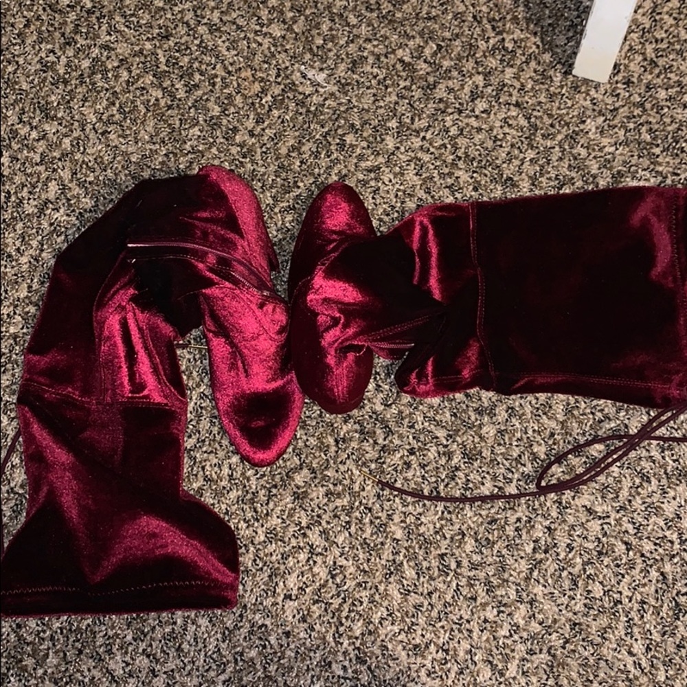 Red velvet high knee boots